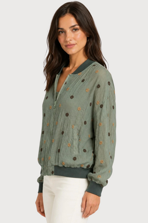 JJ Sisters Sienna Silk Blend Bomber Jacket in Sage
