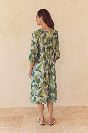 Tirelli Curve Seam Print Dress in Green Geometric