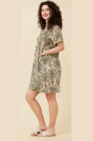 Caroline Morgan Cotton Mix Printed Sundress in Olive Filagree