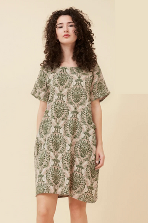 Caroline Morgan Cotton Mix Printed Sundress in Olive Filagree