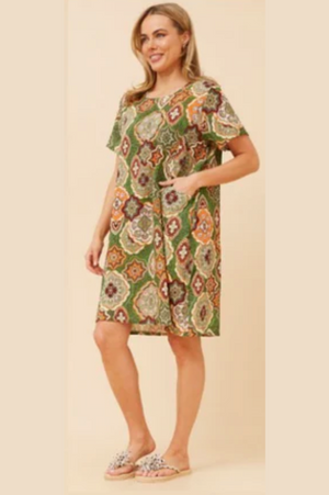 Caroline Morgan Cotton Mix Printed Sundress in Green Emblems