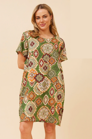 Caroline Morgan Cotton Mix Printed Sundress in Green Emblems