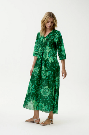 Oneseason Long Poppy Dress in Emerald Coast Cotton Green