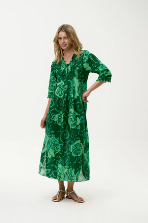 Oneseason Long Poppy Dress in Emerald Coast Cotton Green