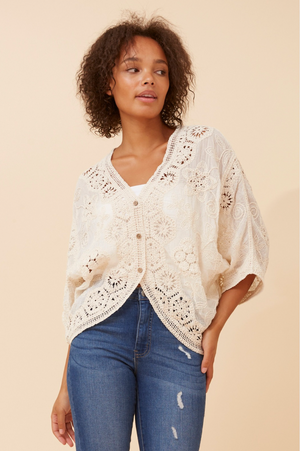 Caroline Morgan 3/4 Sleeve Embroidered Cardigan in Beige