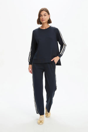 Tirelli Stripe Sleeve Summer Sweater in Navy