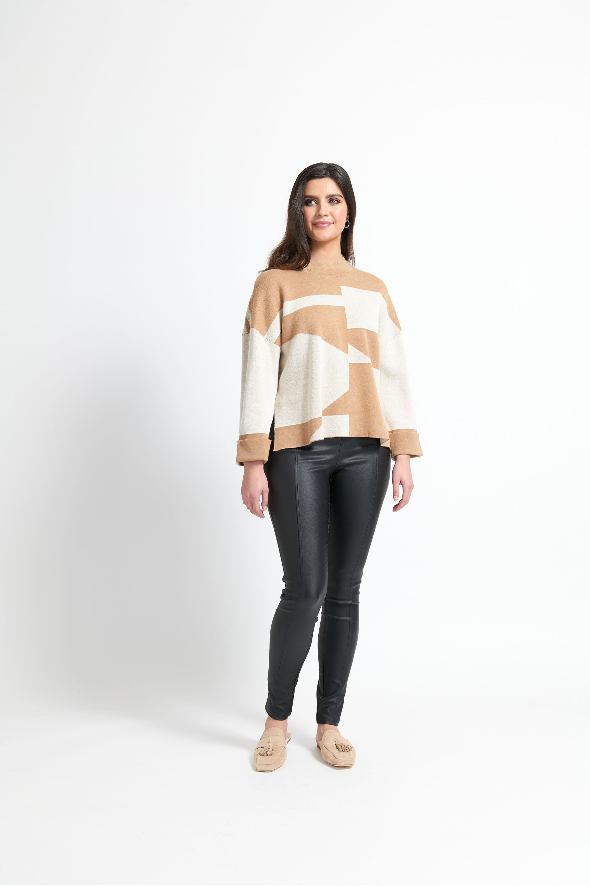 Foil Block and Roll Sweater in Camel Winter White