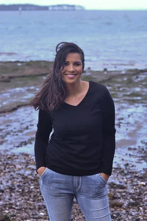 Ebony Merino Wool Self Trim V Neck Top in Black