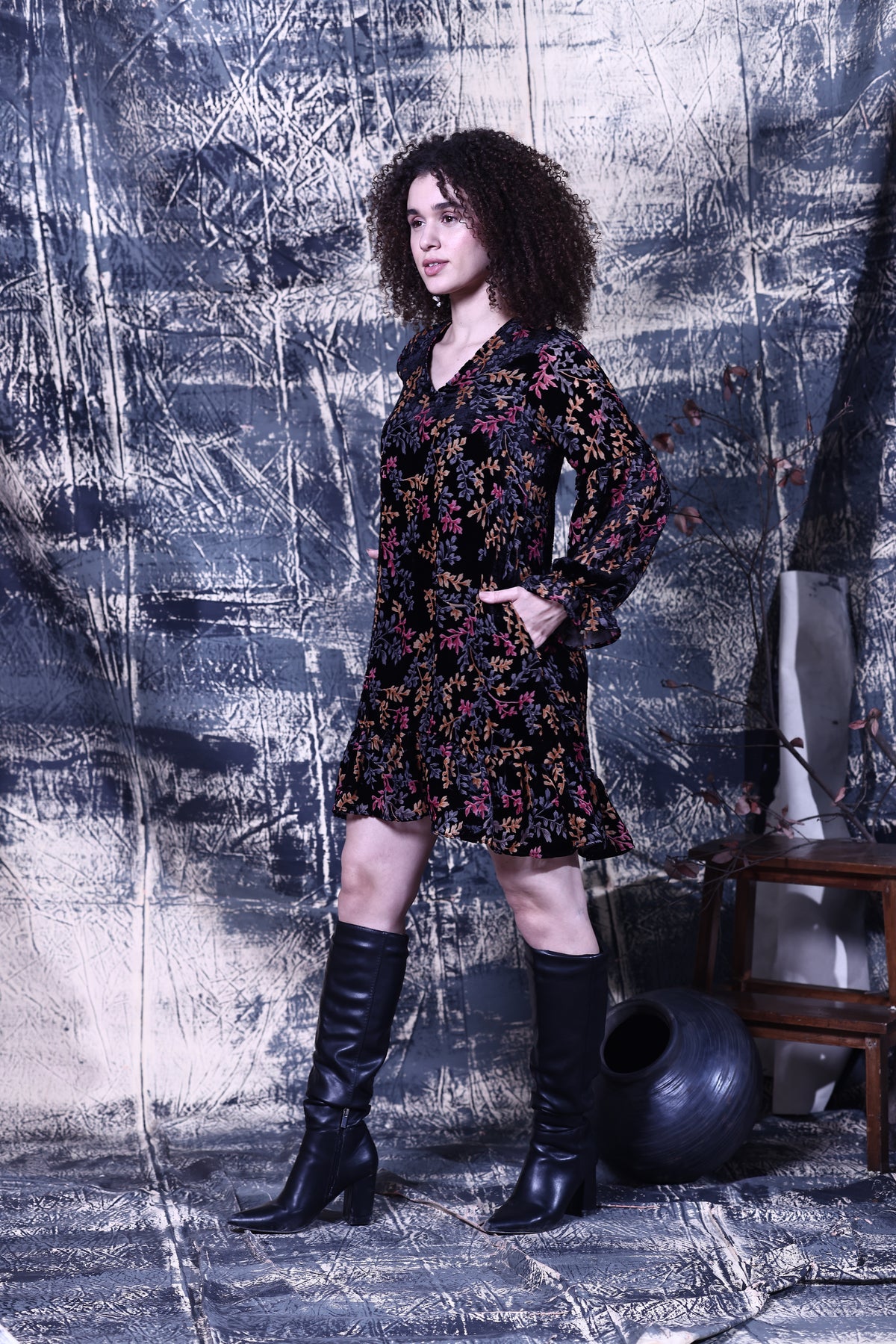 Maude Vivante Rachel Dress in Black Vine Trail