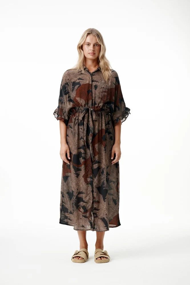 oneseason Jasmine Dress in Palm Safari Black/Camel