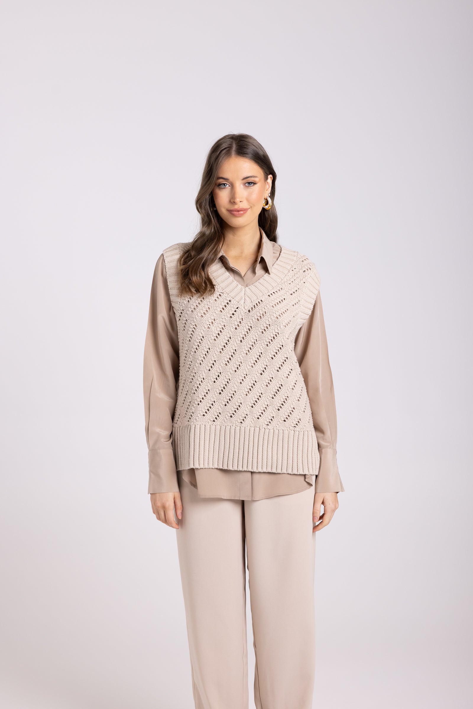 Two-T's Clothing Pointelle V Neck Vest in Almond