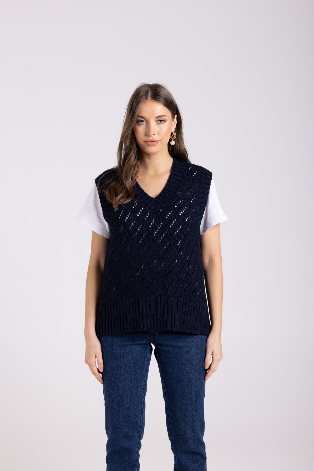 Two-T's Clothing Pointelle V Neck Vest in French Navy
