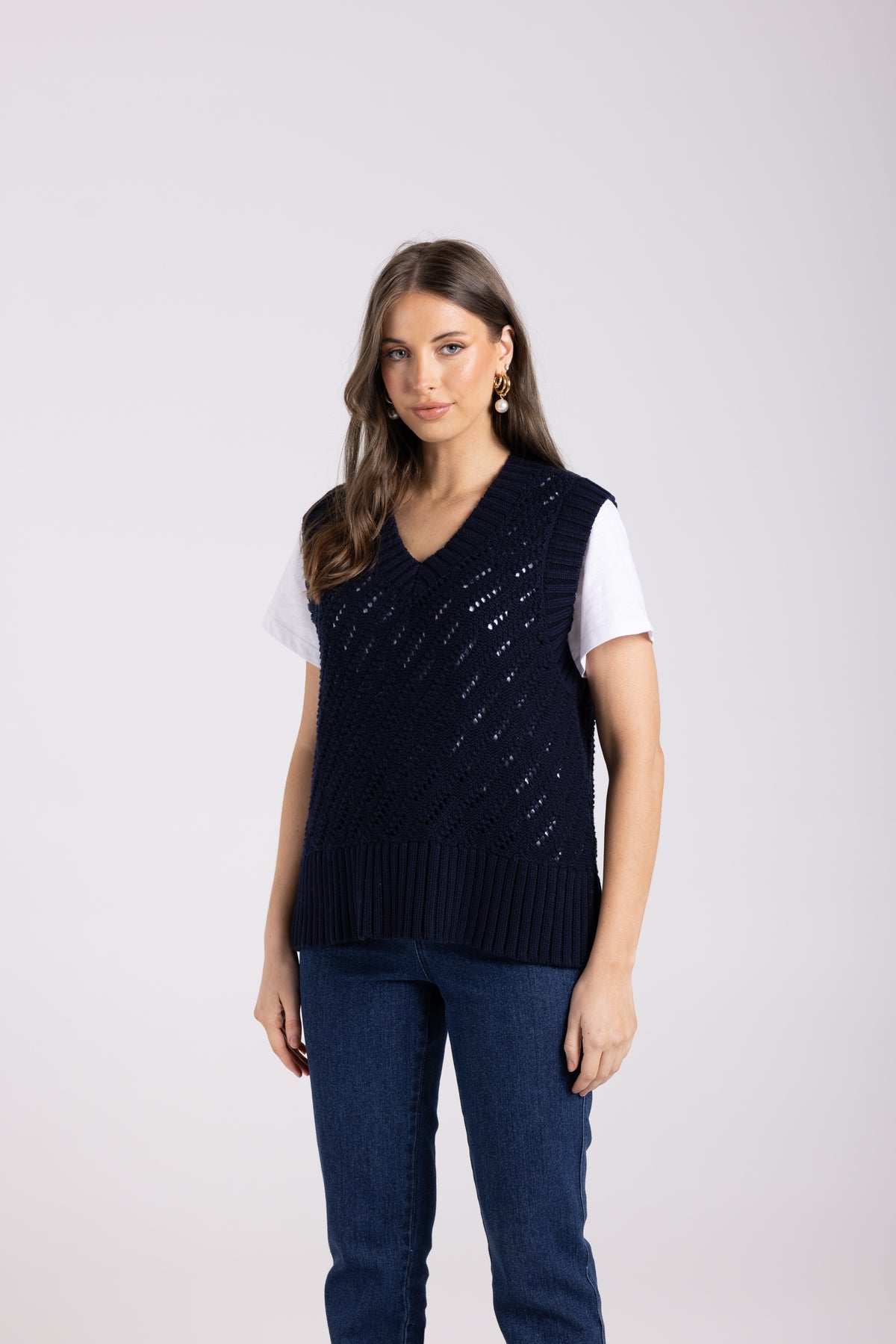 Two-T's Clothing Pointelle V Neck Vest in French Navy