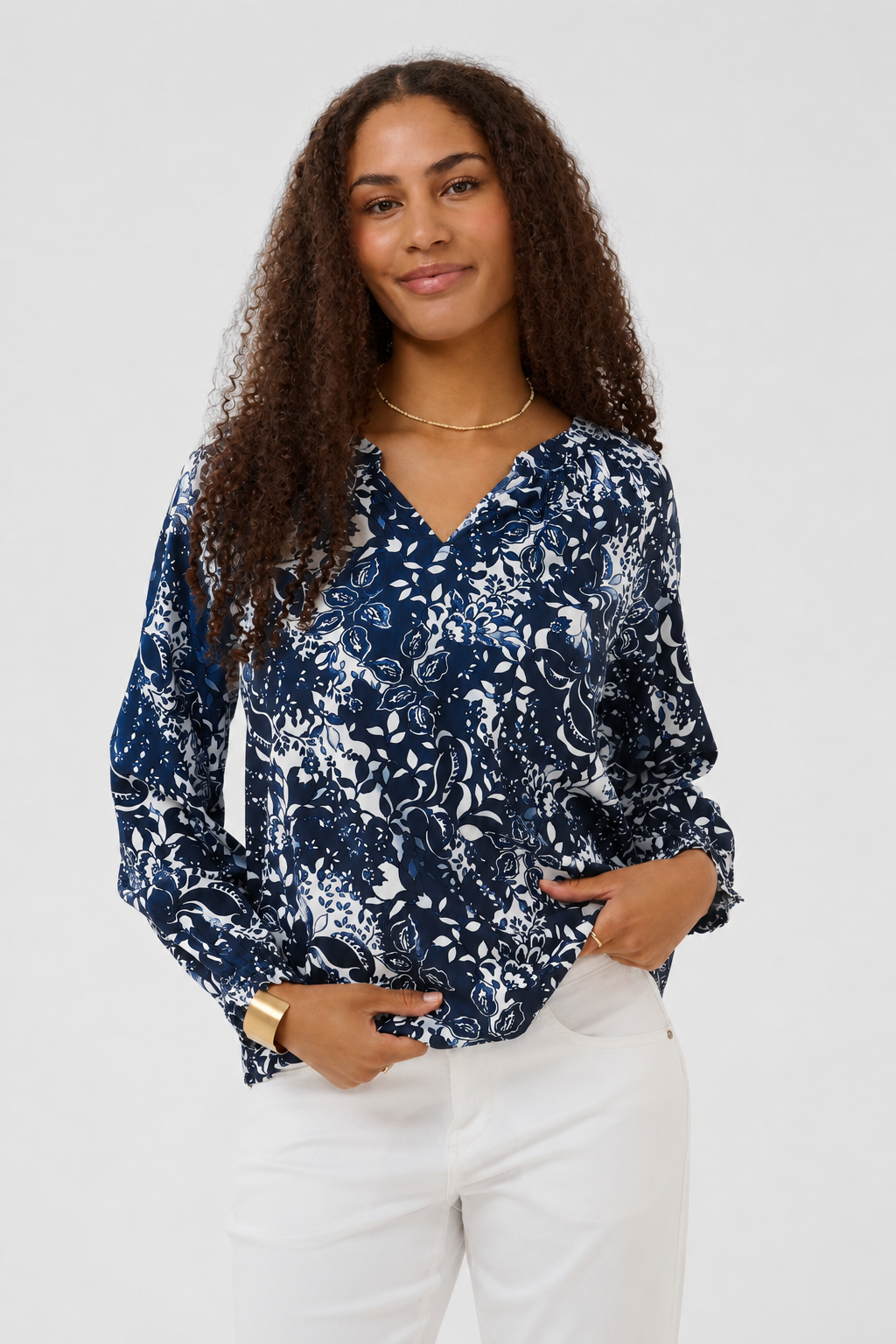 Cream Clothing Tiah Boho Blouse in Navy Blue Toile