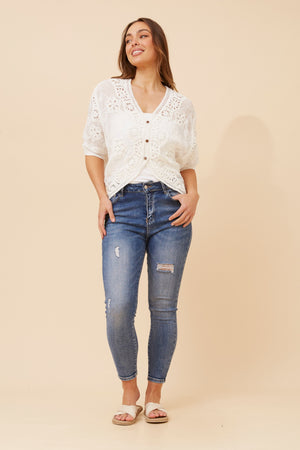 Caroline Morgan 3/4 Sleeve Embroidered Cardigan in White