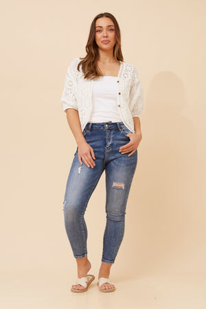 Caroline Morgan 3/4 Sleeve Embroidered Cardigan in White