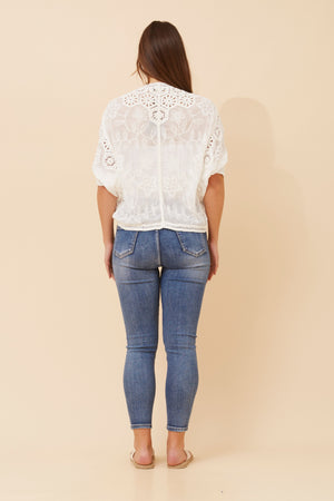 Caroline Morgan 3/4 Sleeve Embroidered Cardigan in White