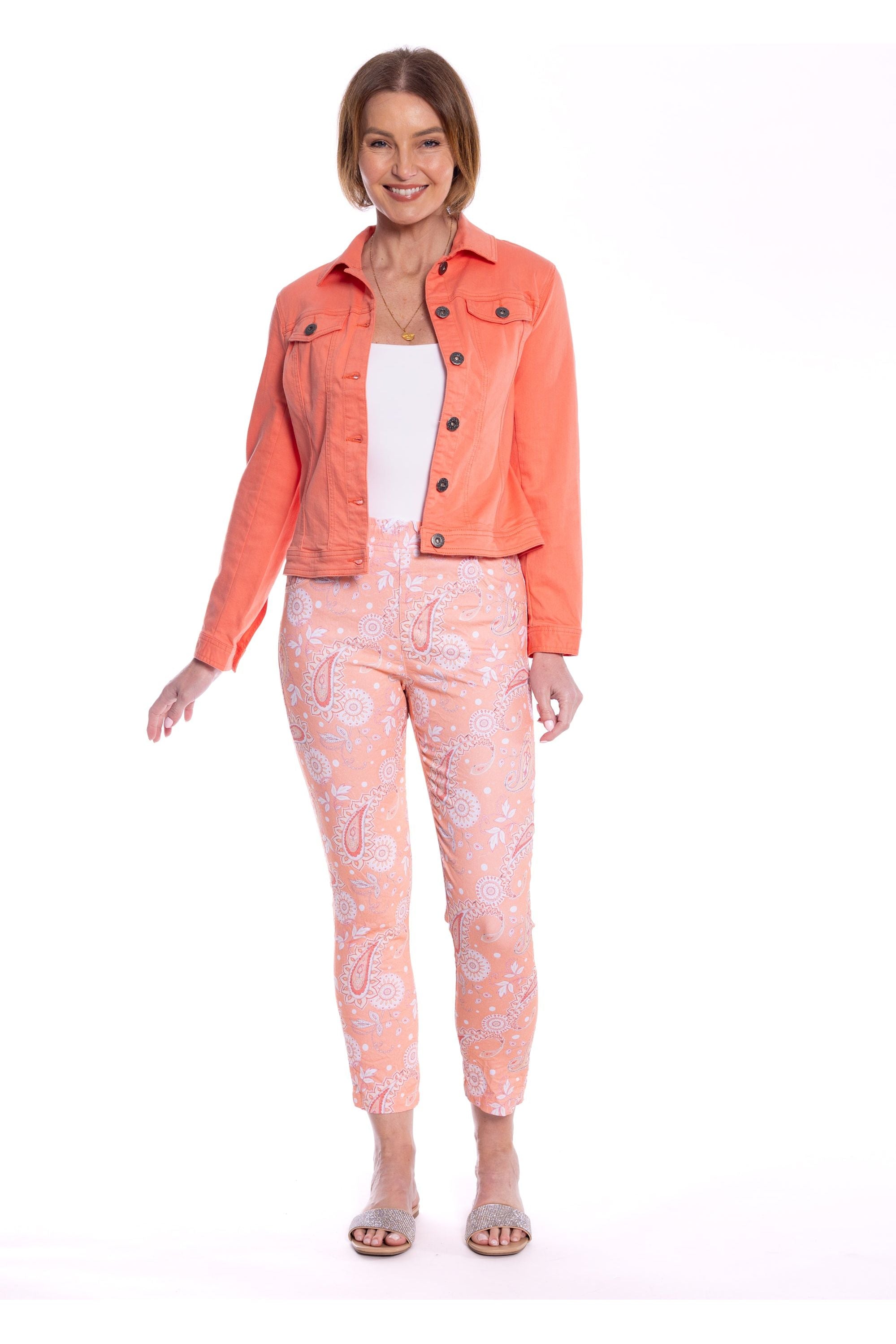 Cafe Latte Stretch Denim Jacket in Coral