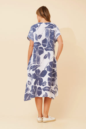 Bottega Moda Short Sleeve Botanical Linen Dress in White Navy