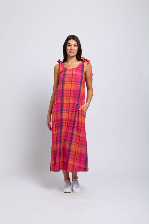 Foil Bali Tie Dress in Pink Check Urban Cachet