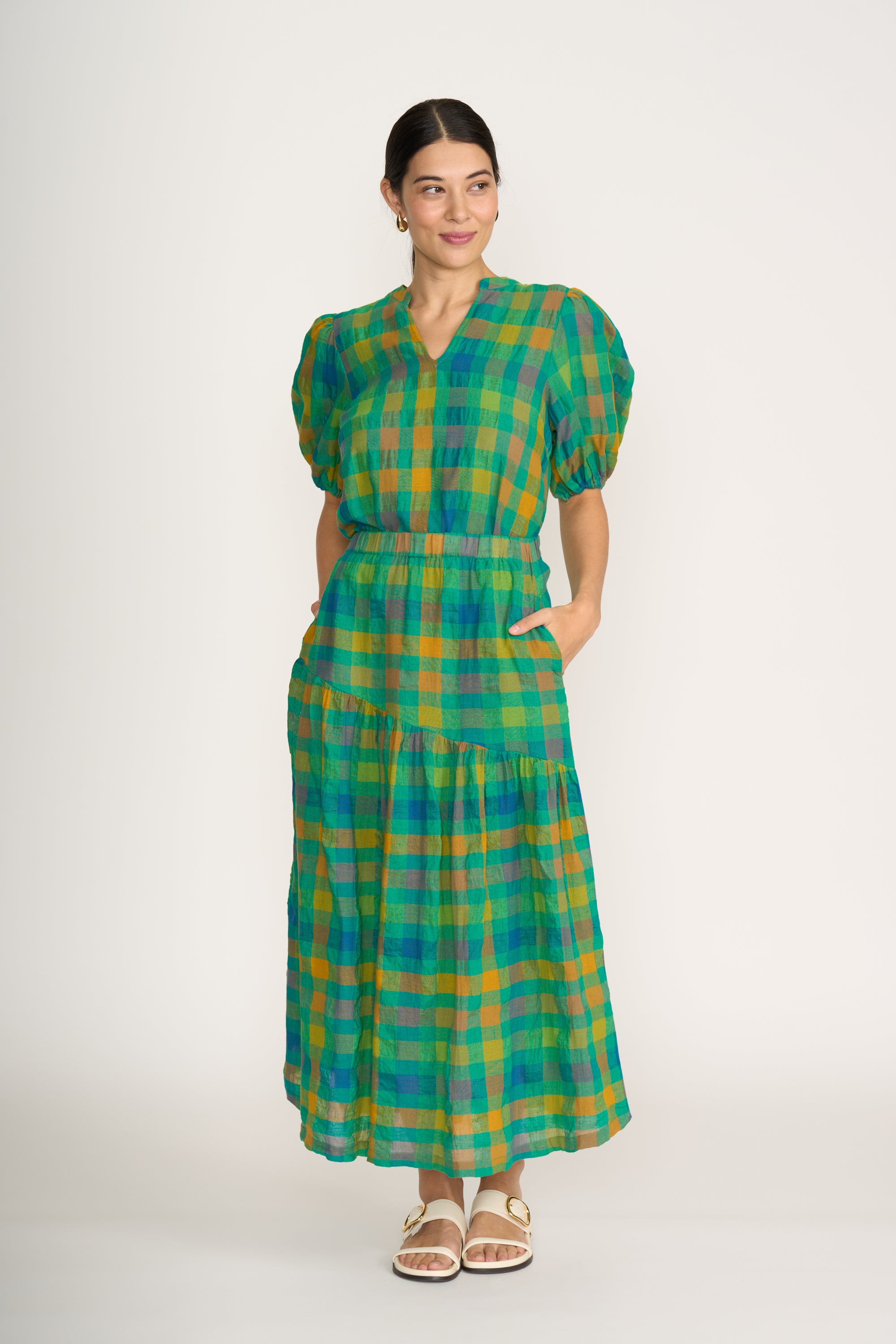 Foil Checkmate Top in Green Check - Urban Cachet Foil Checkmate Top in Green Check - Urban Cachet