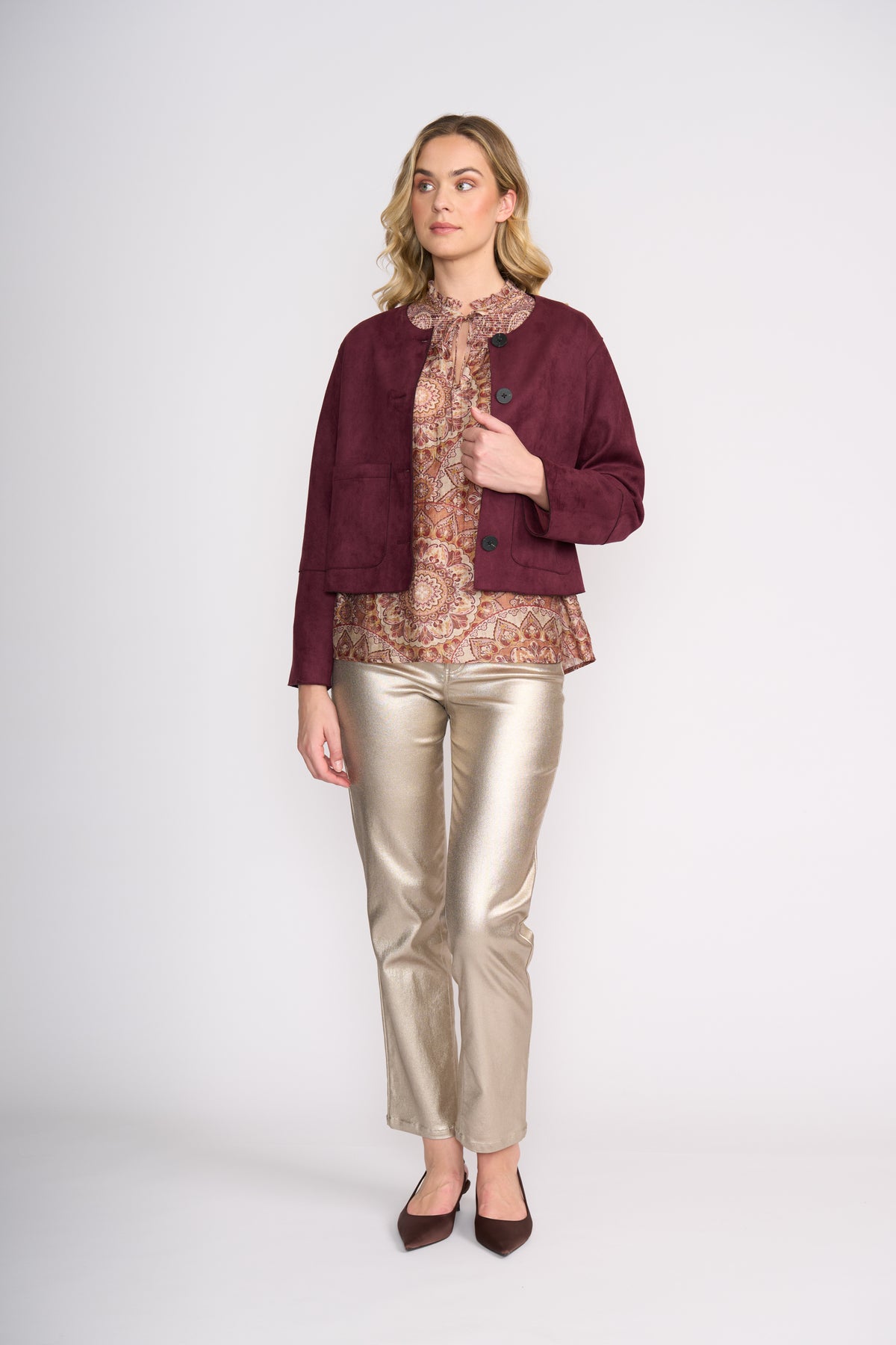 Foil Looking Suede Jacket in Black Cherry