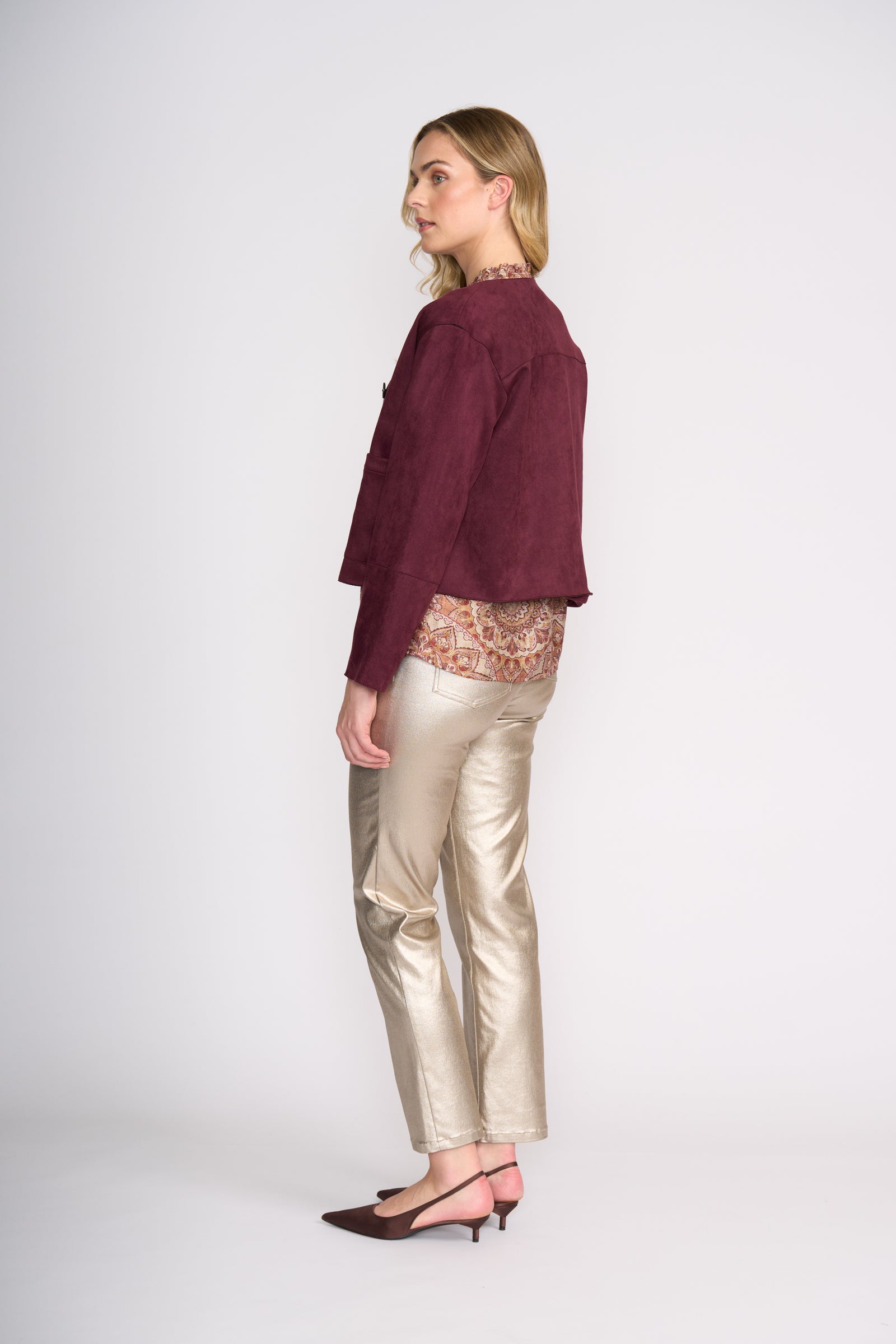 Foil Looking Suede Jacket in Black Cherry