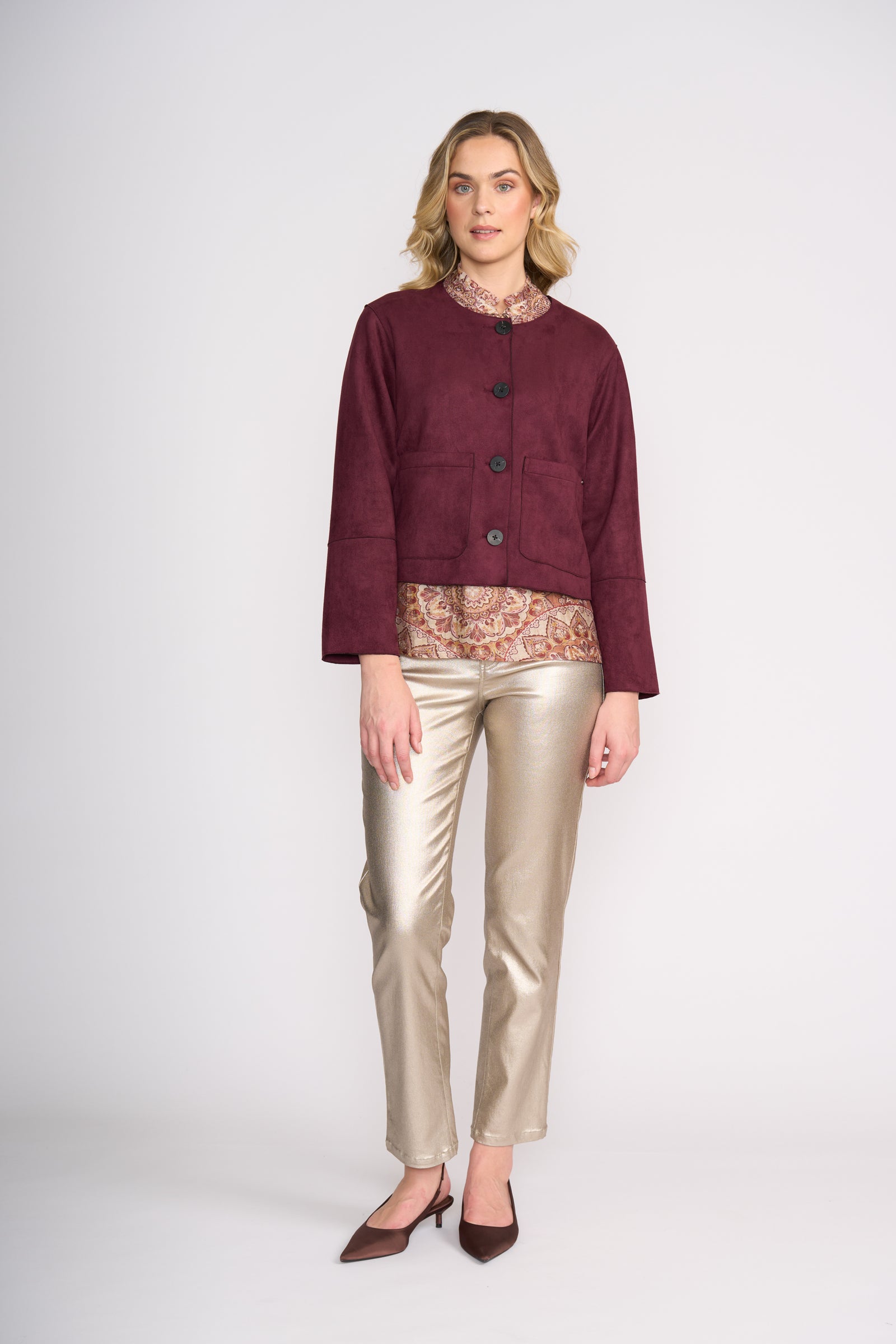 Foil Looking Suede Jacket in Black Cherry