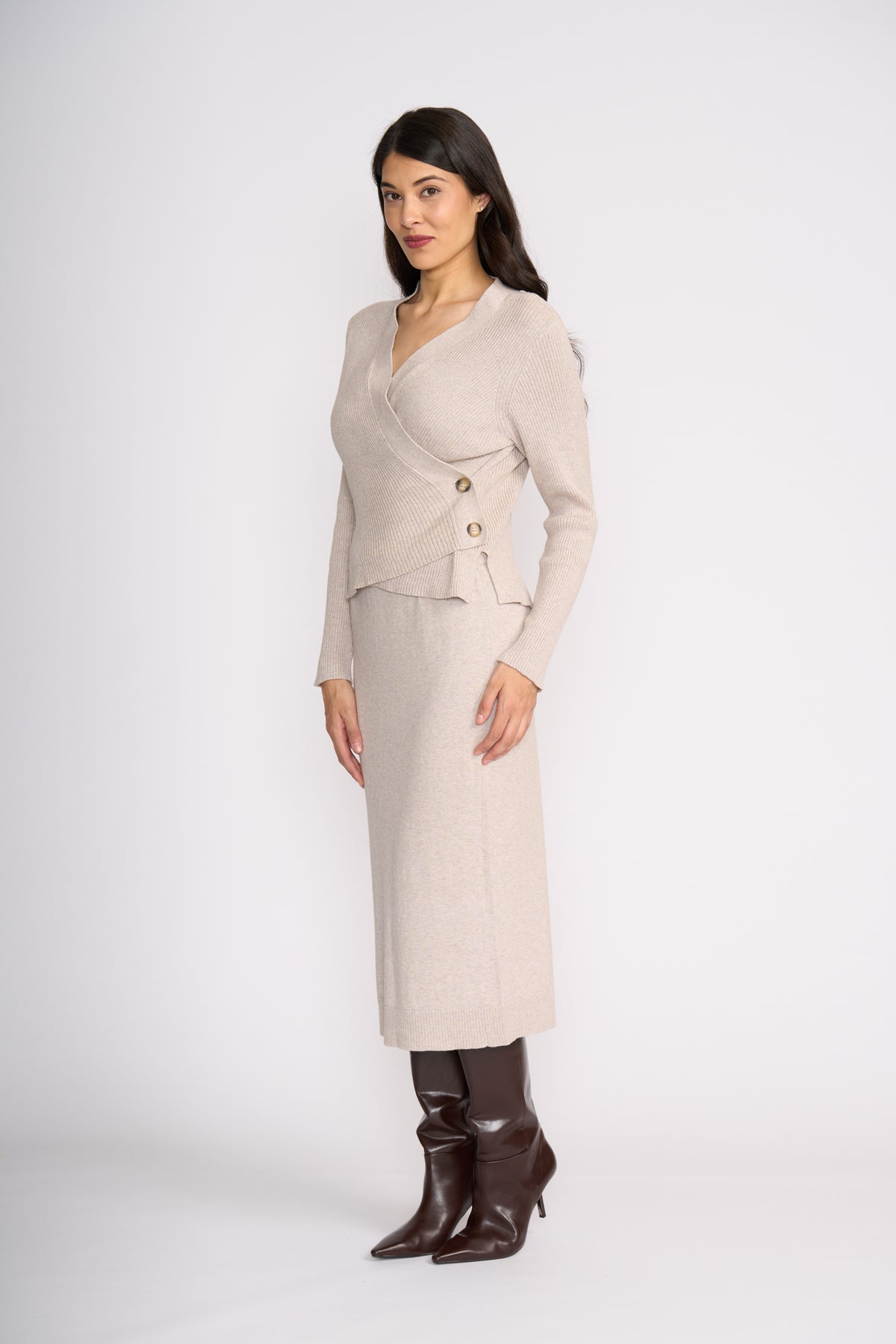 Foil Set Play Wrap Cardi in Latte