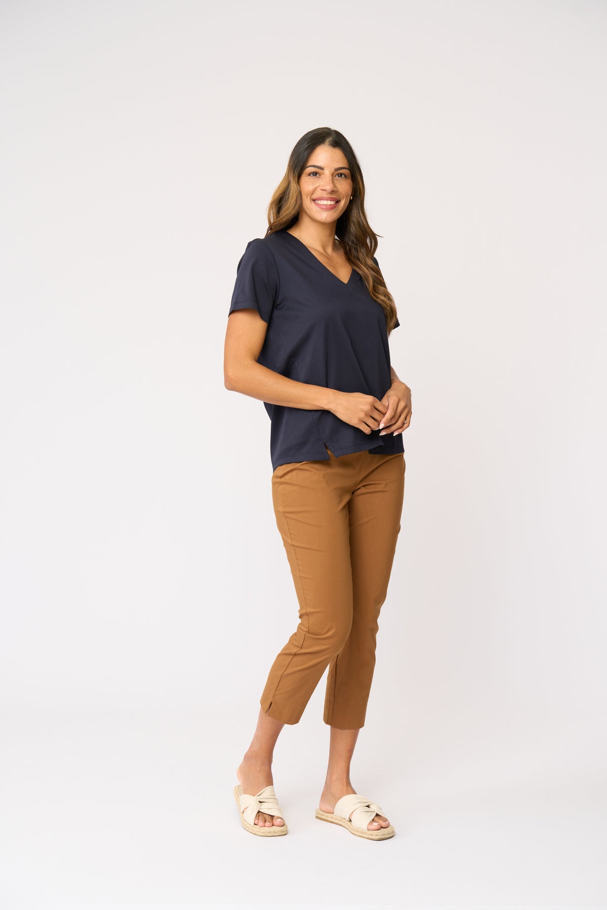 Foil Fuss Free Taper Trapeze Capri Pant in Umber