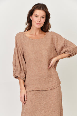 Naturals by O & J Boat Neck Top in Chai Puppytooth