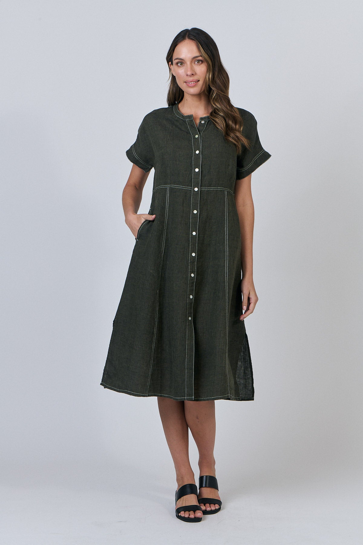 Naturals by O & J Gathered V-Neck Linen Dress in Licorice