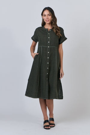 Naturals by O & J Gathered V-Neck Linen Dress in Licorice