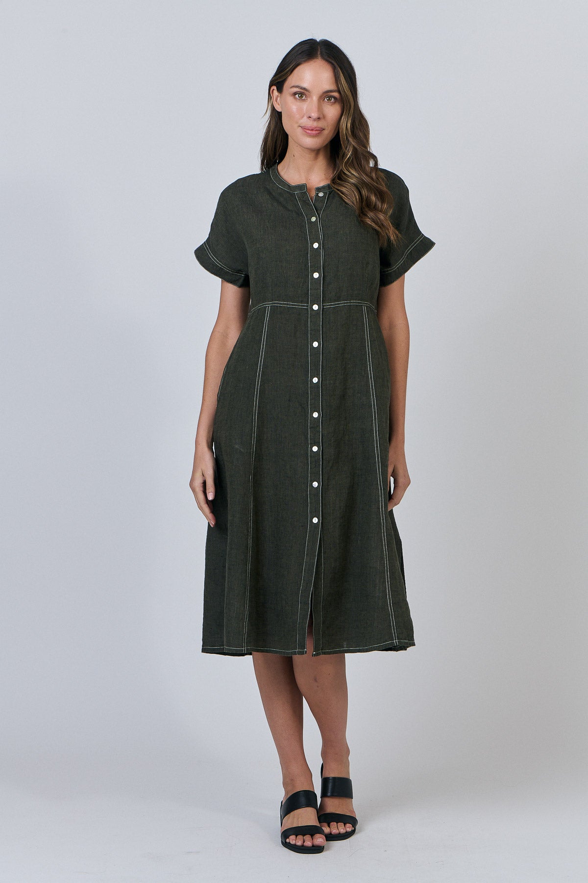 Naturals by O & J Gathered V-Neck Linen Dress in Licorice