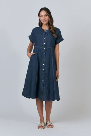 Naturals by O & J Gathered V-Neck Linen Dress in Poseidon
