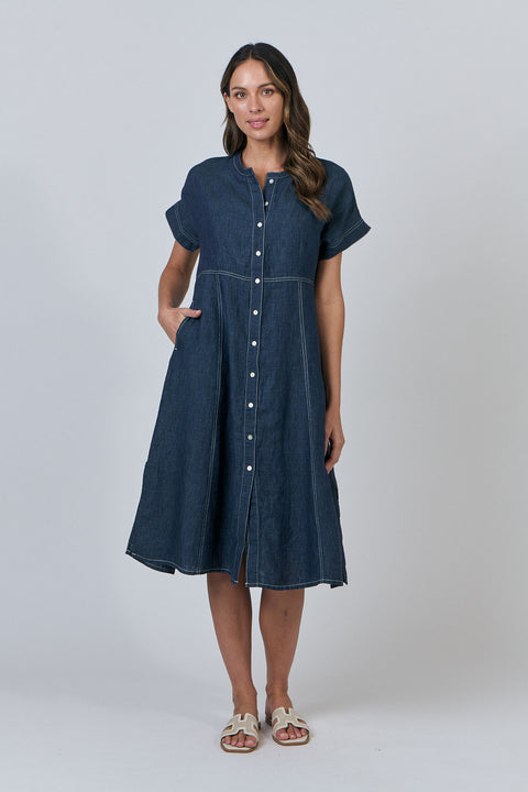 Naturals by O & J Gathered V-Neck Linen Dress in Poseidon