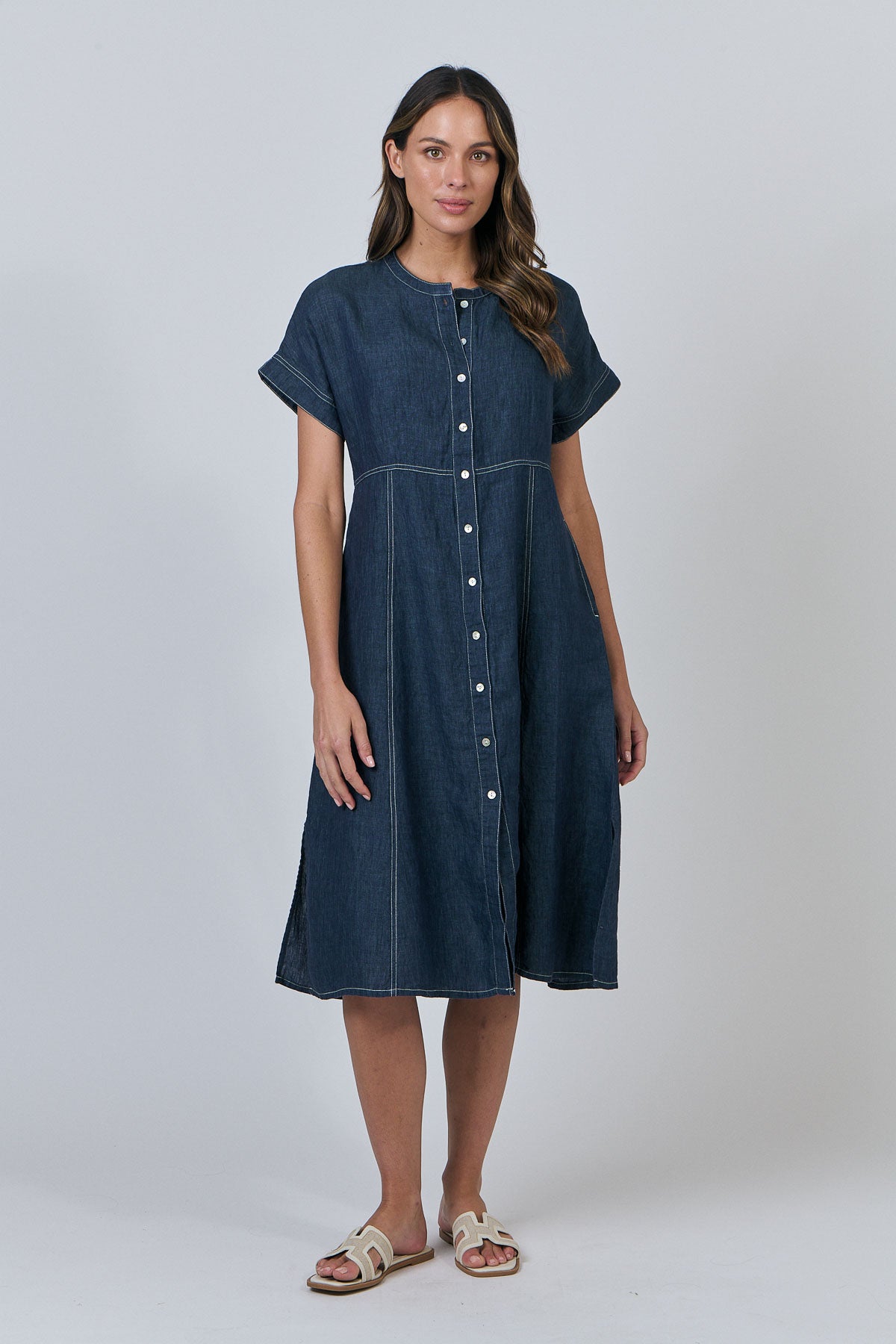 Naturals by O & J Gathered V-Neck Linen Dress in Poseidon