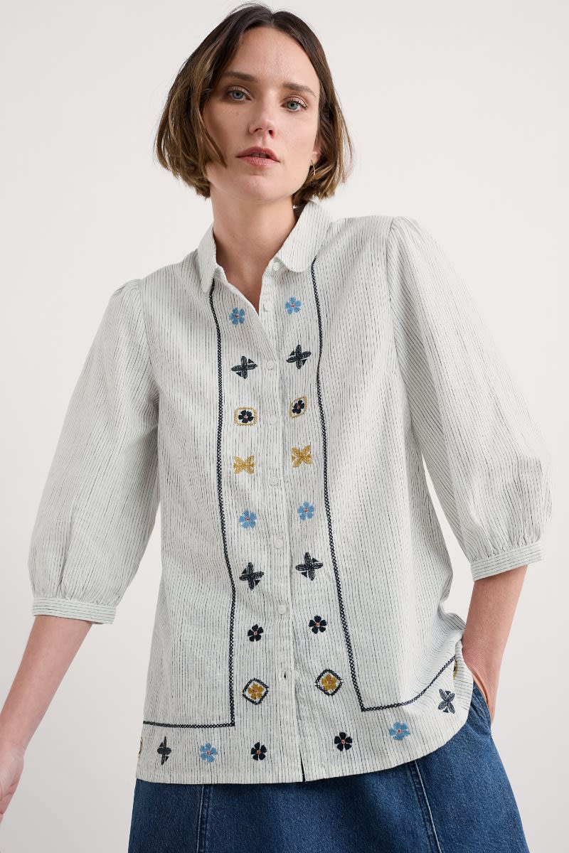 Seasalt Cornwall Hope Cottage Embroidered Blouse in Simplicity Stripe Chalk Maritime