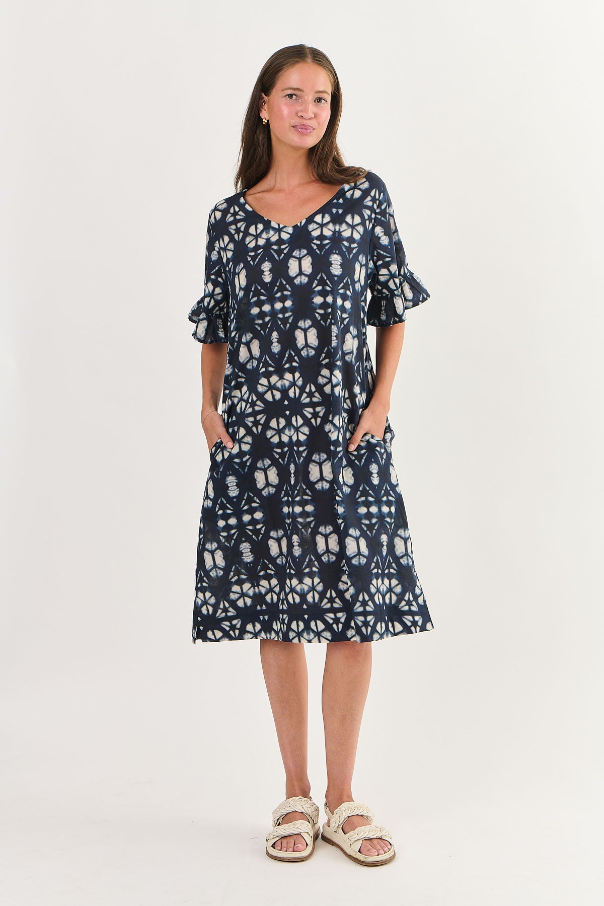 Namastai V Neckline Cotton Dress in Fracture Print