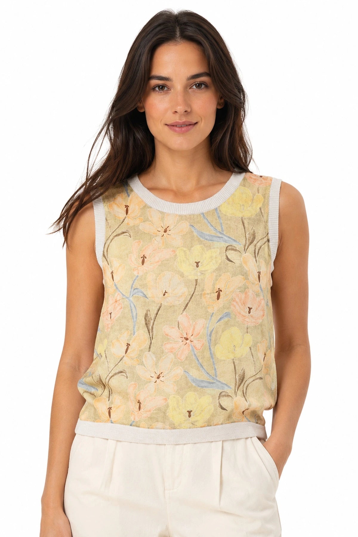 JJ Sisters Aurelia Silk Linen Top in Buttercream Floral