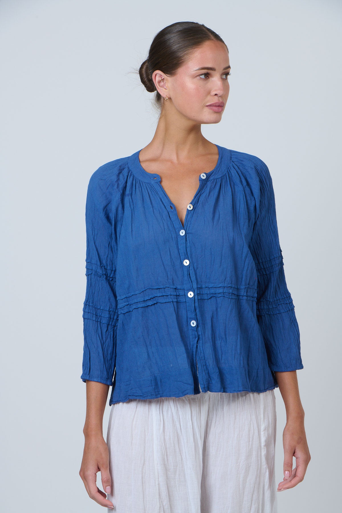 Namastai Pintuck Poet Blouse in Cycladic