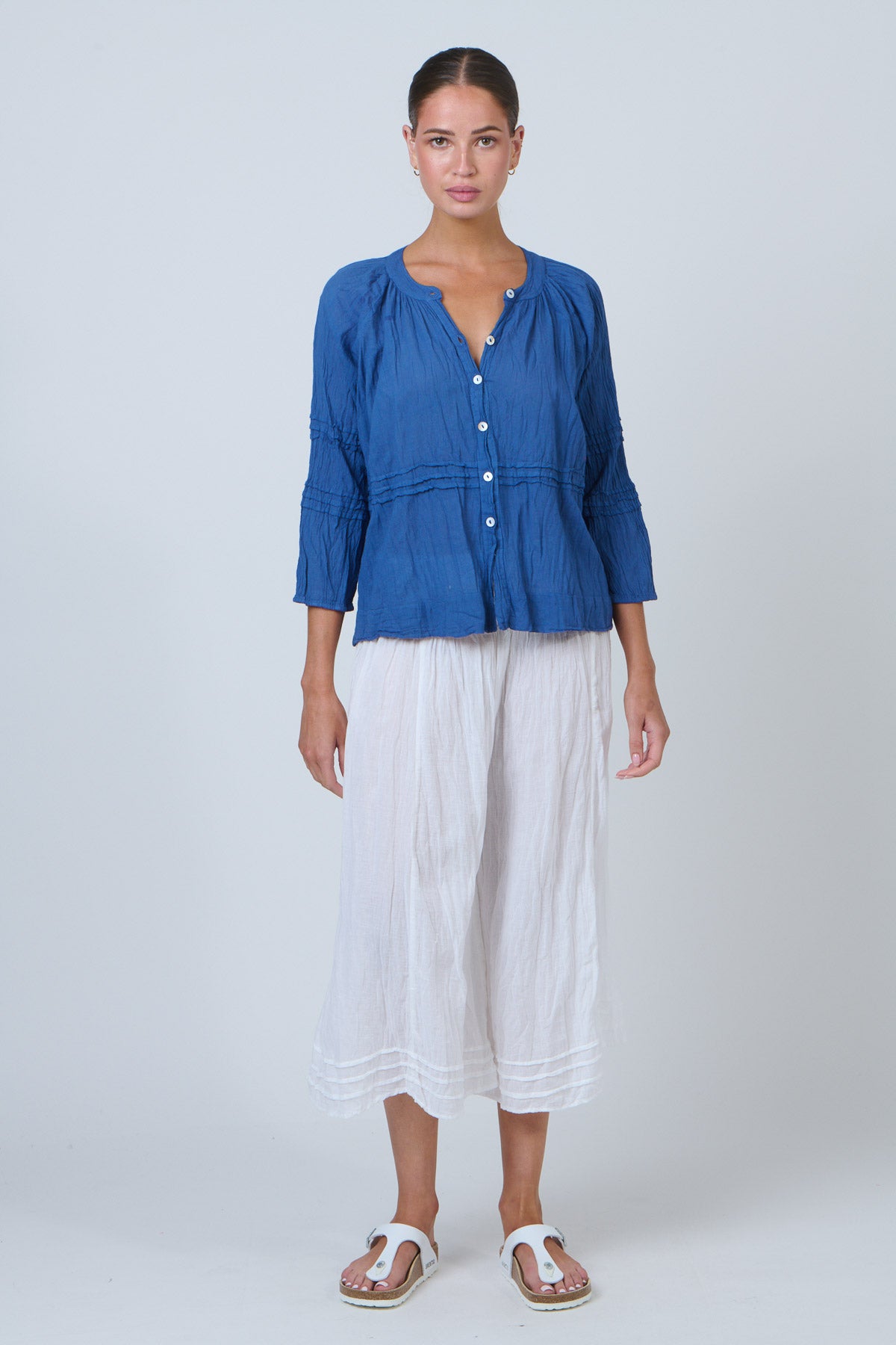 Namastai Pintuck Poet Blouse in Cycladic