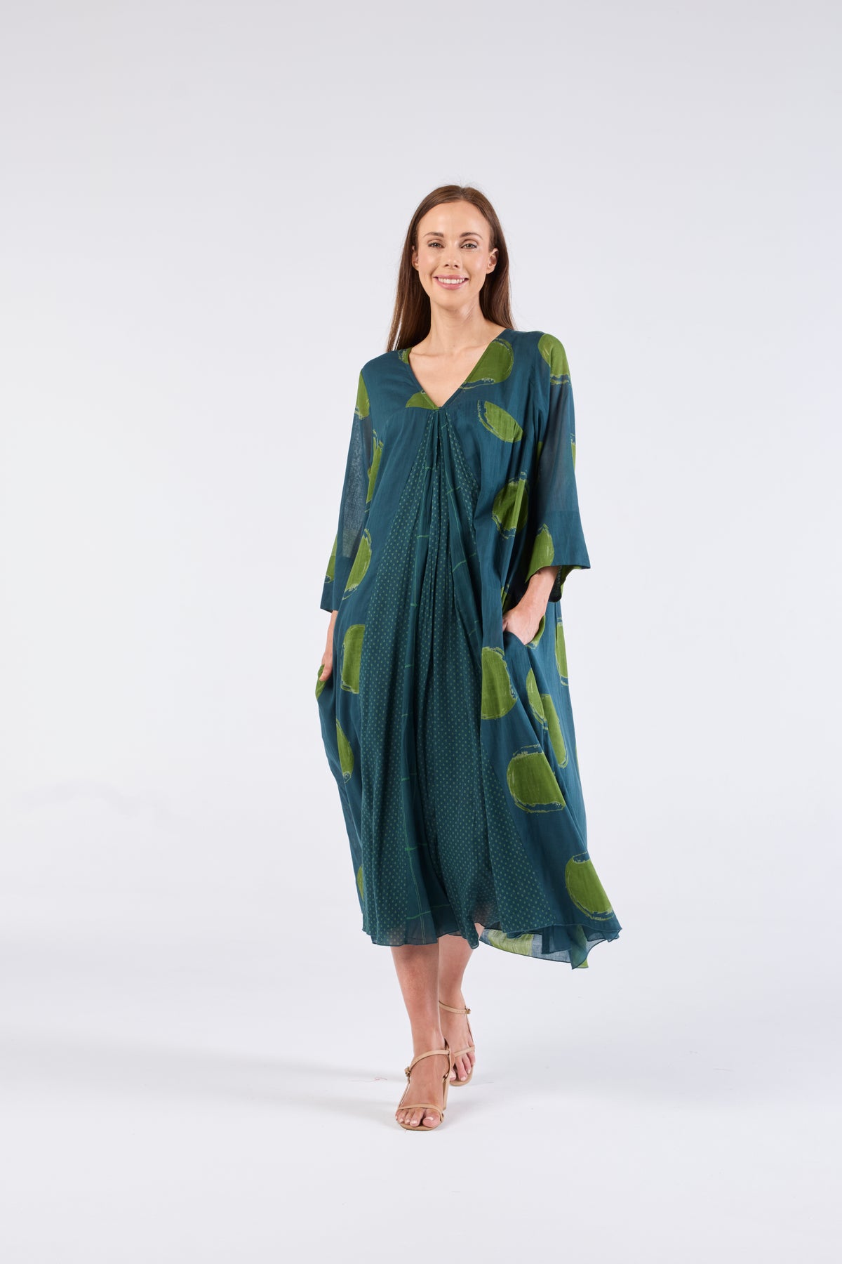 Au Hasard D'un Voyage 3/4 Sleeve Dress in Spliced Spots and Dots