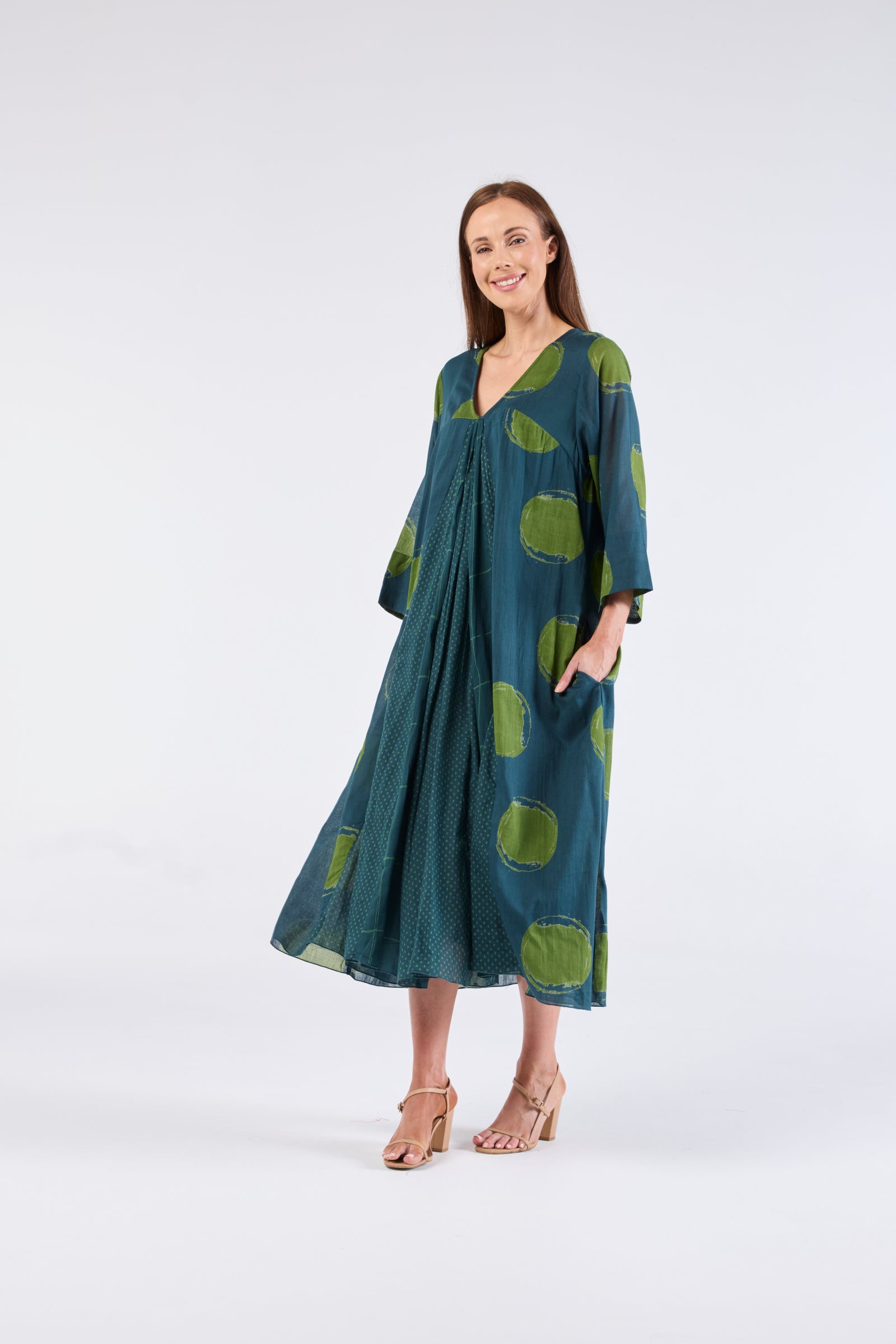 Au Hasard D'un Voyage 3/4 Sleeve Dress in Spliced Spots and Dots
