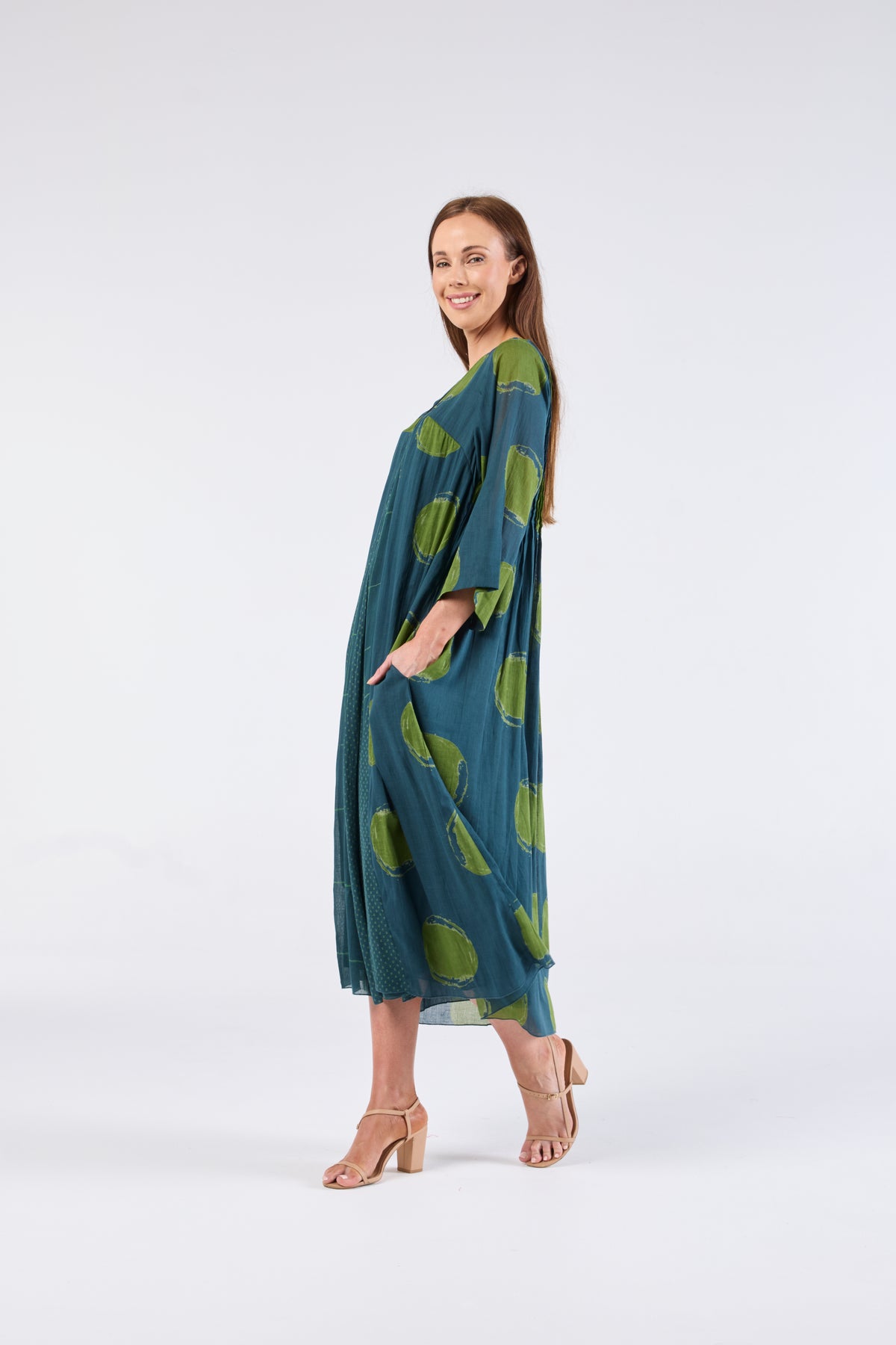 Au Hasard D'un Voyage 3/4 Sleeve Dress in Spliced Spots and Dots