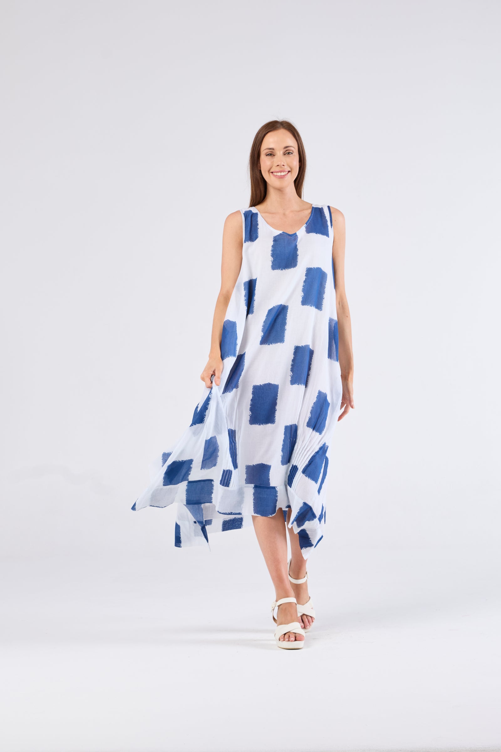 Au Hasard D'un Voyage Sleeveless V neck Dress in Blue Block Art