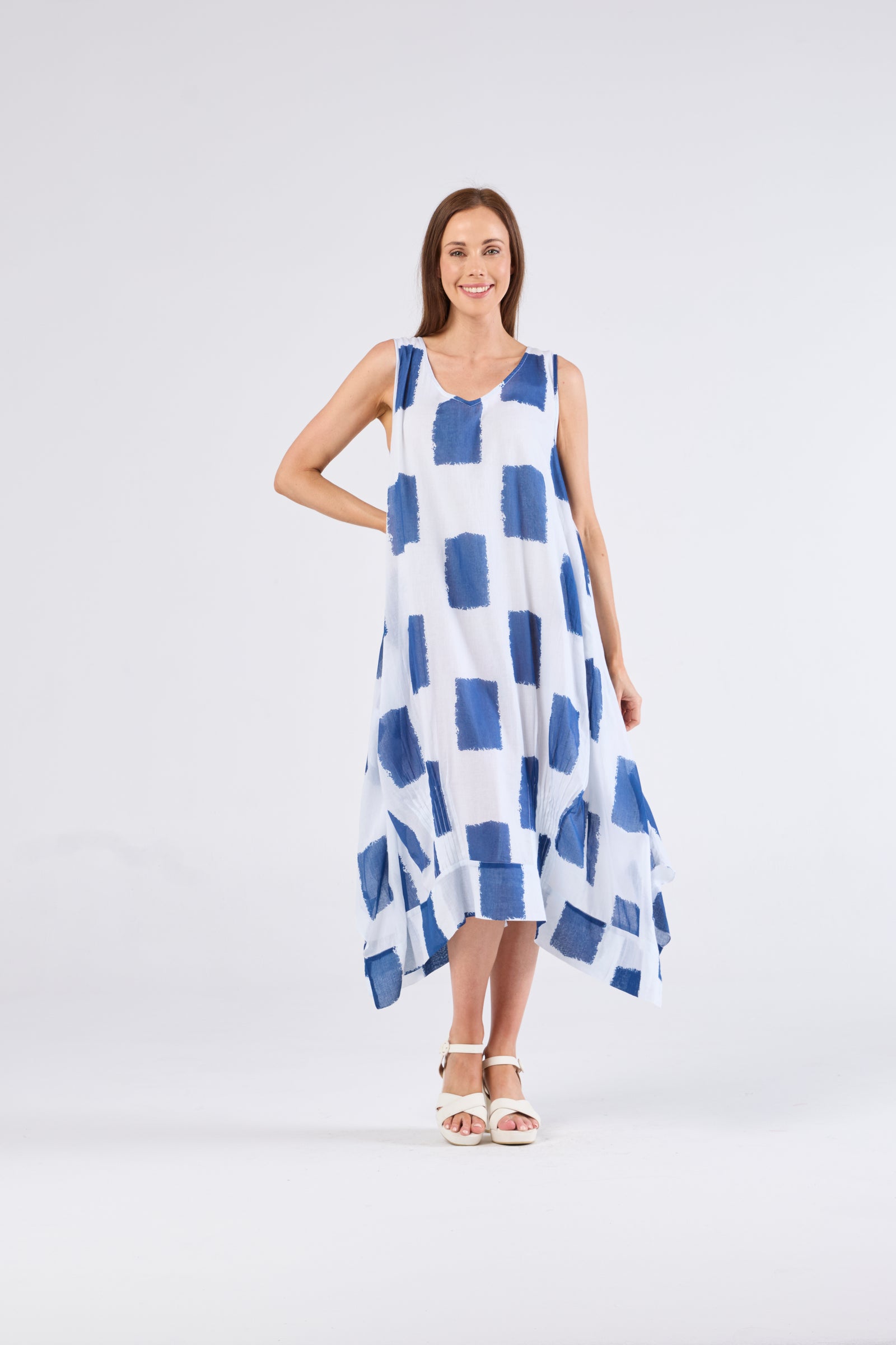 Au Hasard D'un Voyage Sleeveless V neck Dress in Blue Block Art