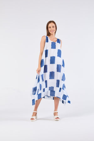 Au Hasard D'un Voyage Sleeveless V neck Dress in Blue Block Art
