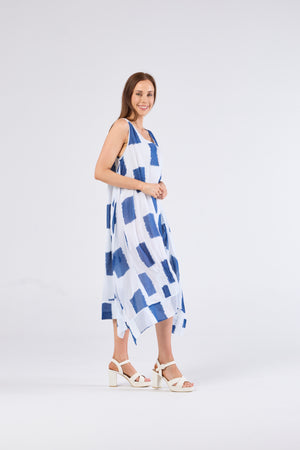 Au Hasard D'un Voyage Sleeveless V neck Dress in Blue Block Art