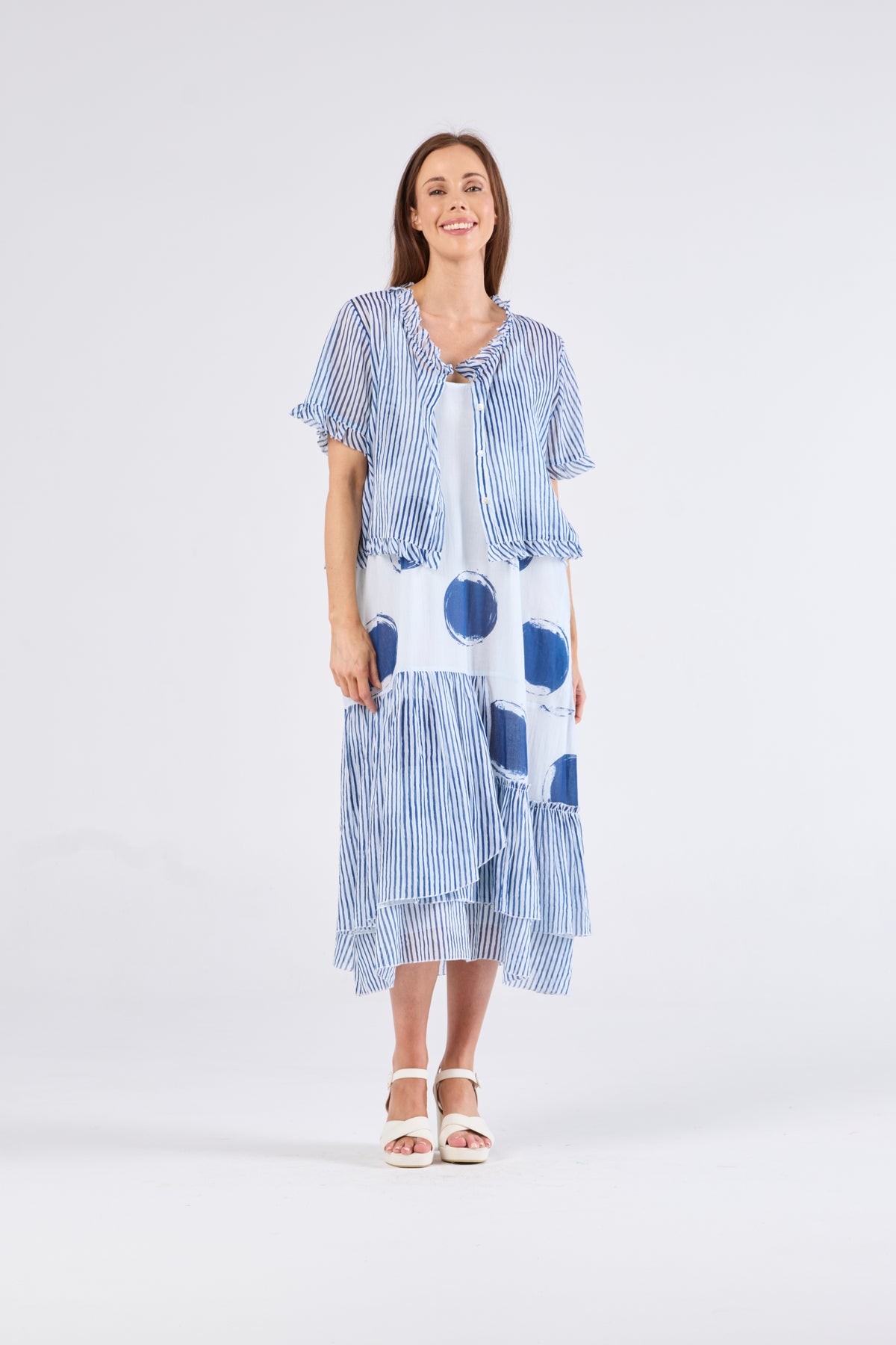 Au Hasard D'un Voyage Frill Seeker Short Cardi in Blue Stripe
